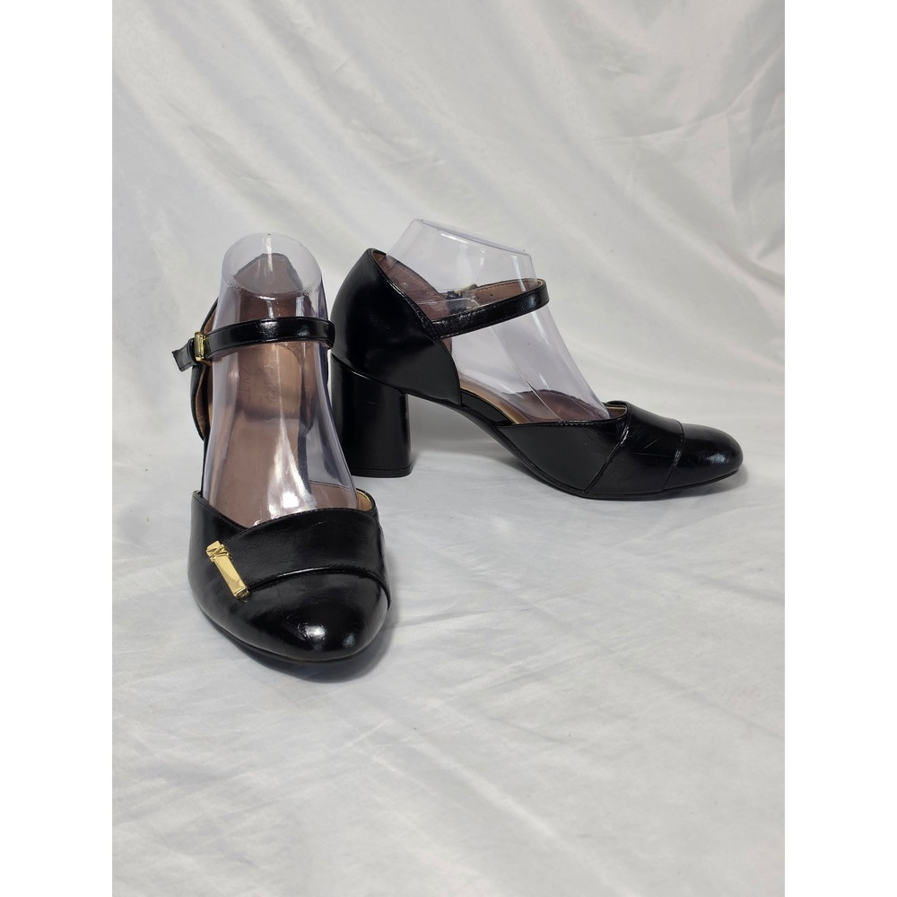 Naturalizer Black Leather Mary Jane Block Heel Pumps Gold Hardware Women SZ 9.5